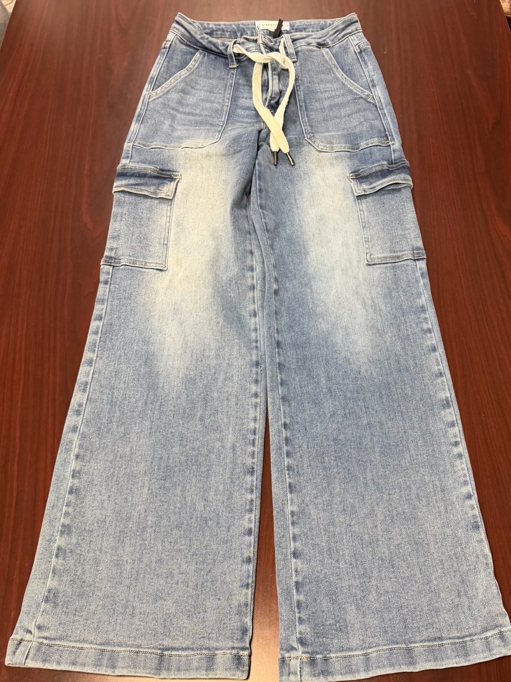 Light Wash Wide Leg Cargo Jeans with Drawstring Waist - Picture 2 of 6